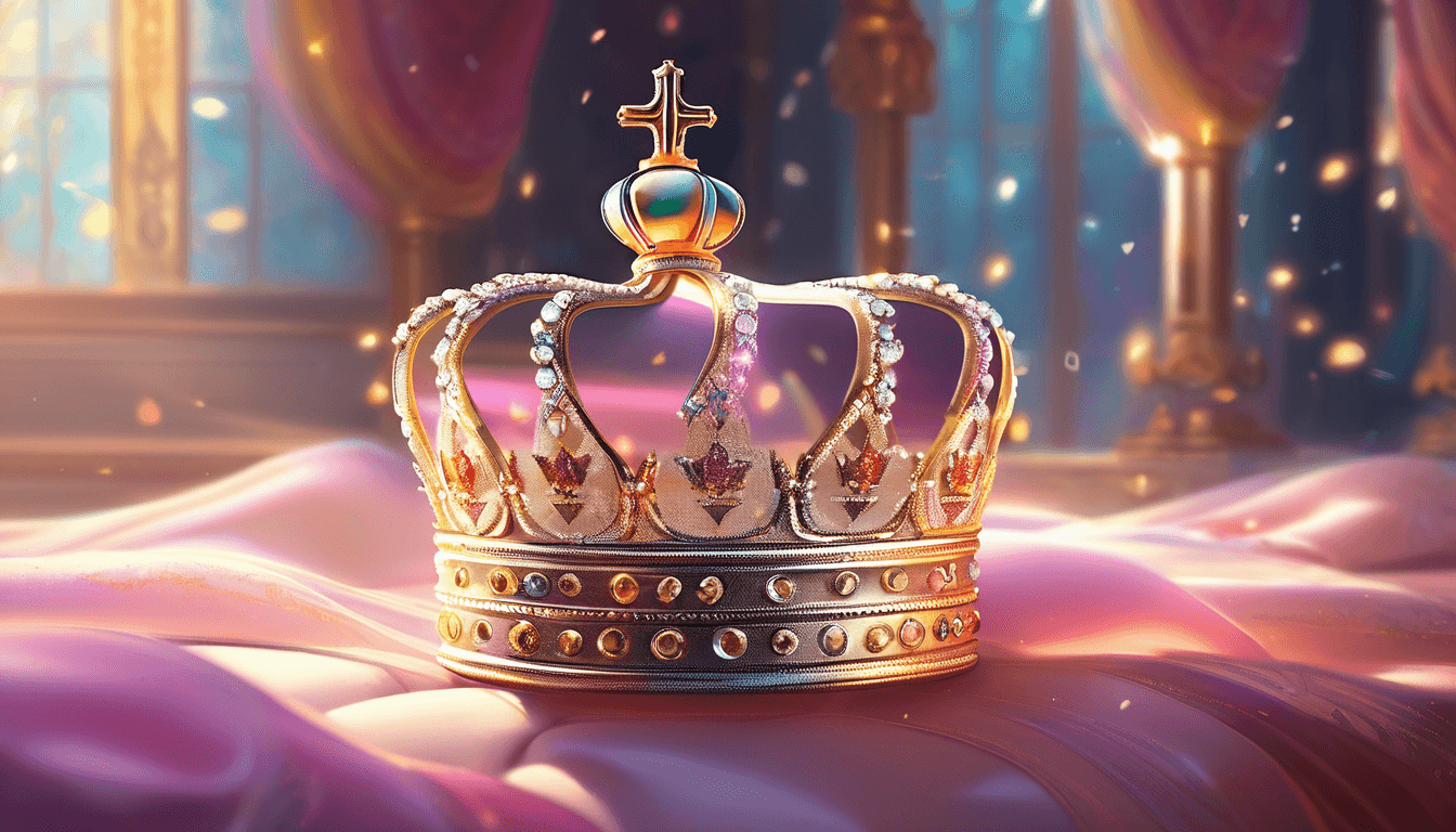 A sparkling crown on a cushion, surrounded by glowing images of kindness in a pastel palace.