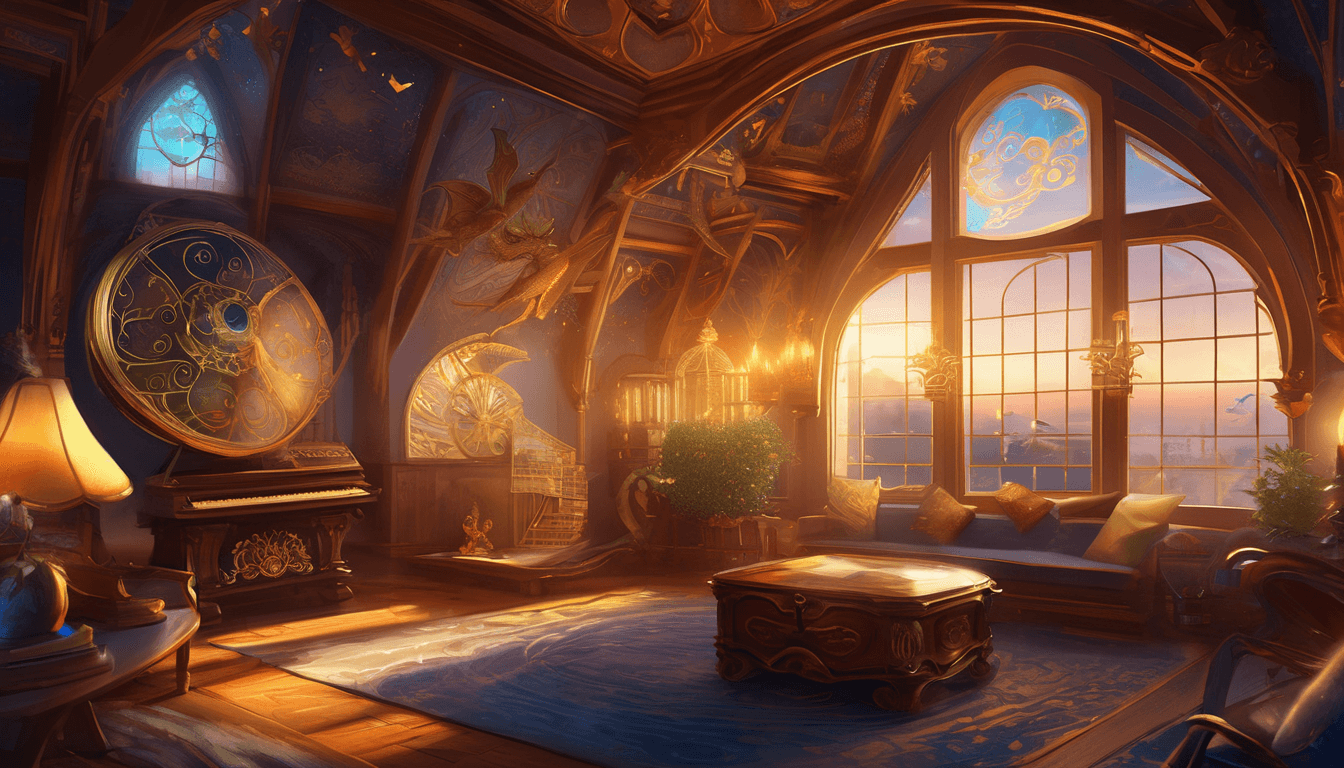 Glowing music box in an attic with magical creatures swirling around.