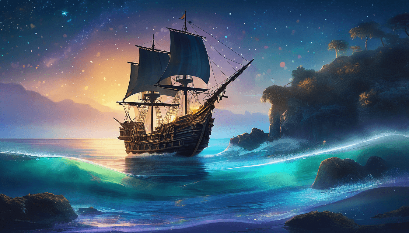 A magical pirate ship with shimmering sails glides across a sparkling, starlit sea with sea creatures.