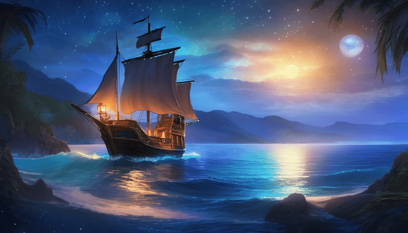A cozy pirate ship with a blue lantern sails under a starry sky.
