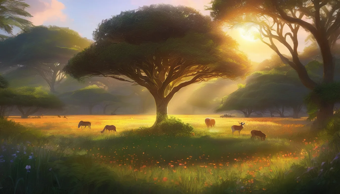 Animals circle a glowing flower in a sunlit savanna grove.