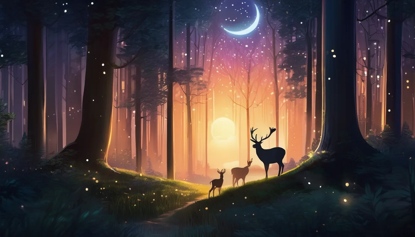 A deer in a moonlit forest watching glowing fireflies among small animals.