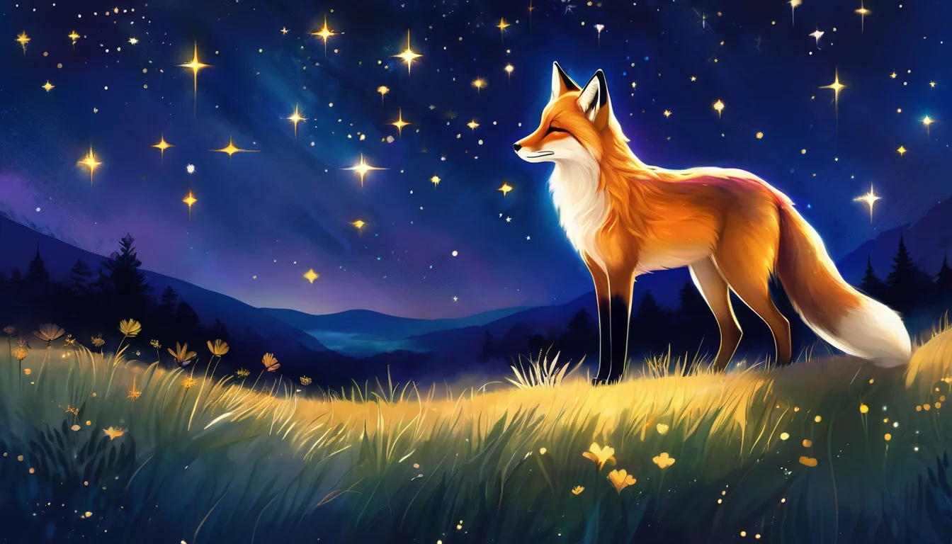 A girl and a fox with a golden tail in a glowing meadow under a starry night sky.