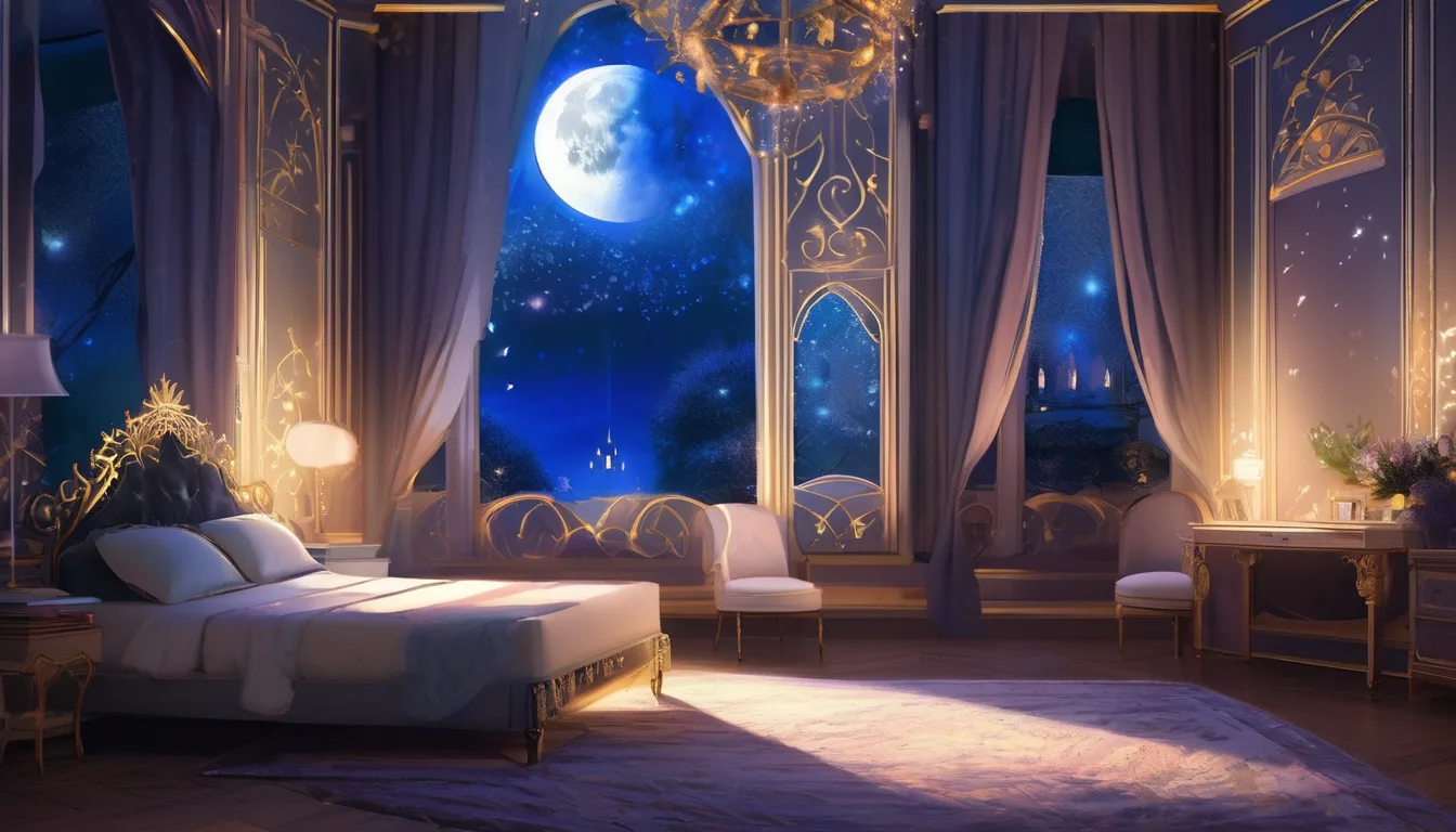 A regal figure and her shadow play in a moonlit palace bedroom with magical patterns and stars.