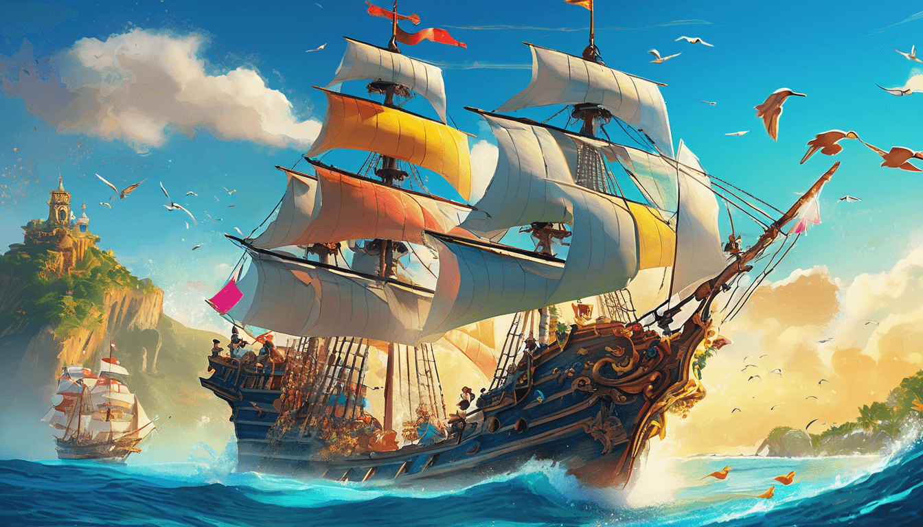 A cheerful pirate ship with colorful sails and smiling crew sailing toward a distant island.