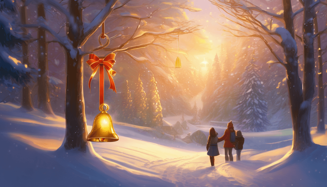 A magical bell glowing above diverse people helping each other in a snowy, peaceful kingdom.