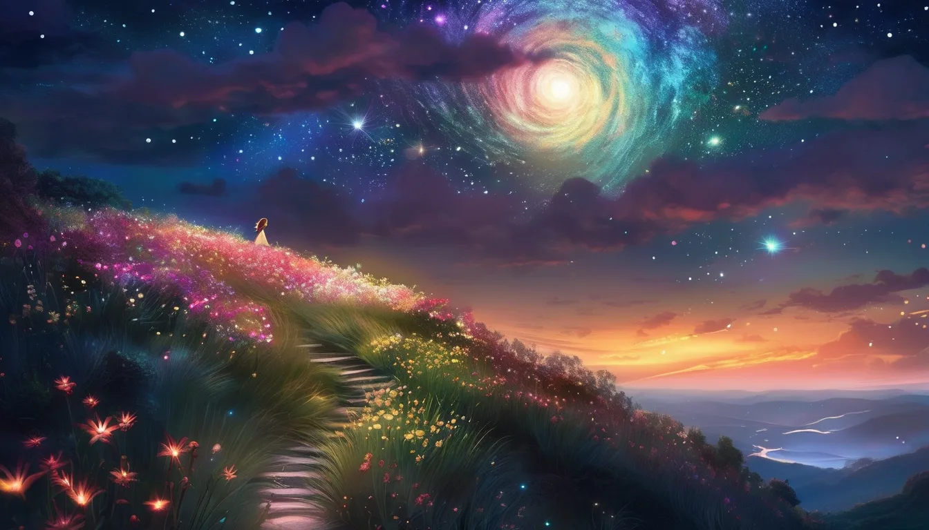 A small figure gazes at swirling stars and glowing flowers on a magical hillside at night.