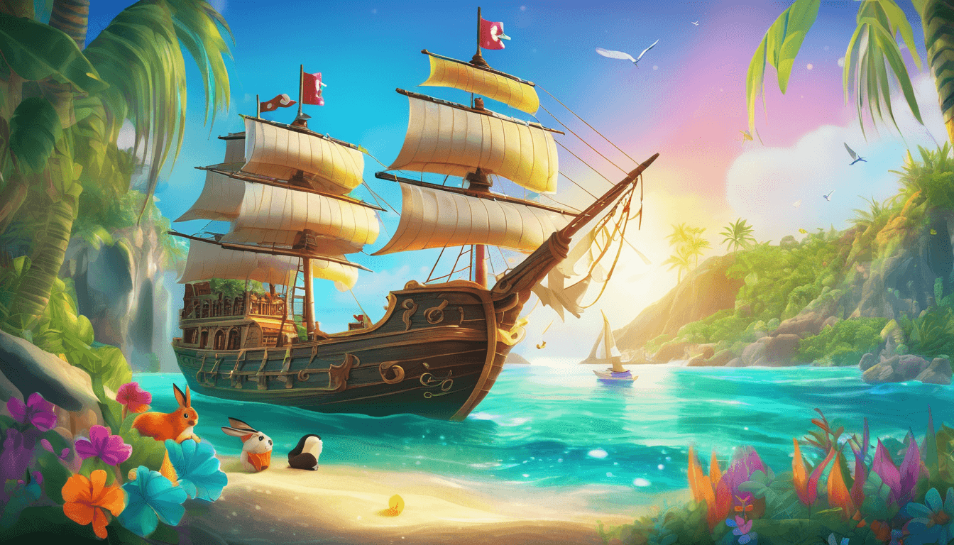 Cheerful pirate ship with a waving rabbit sails near an island with animals and treasure.
