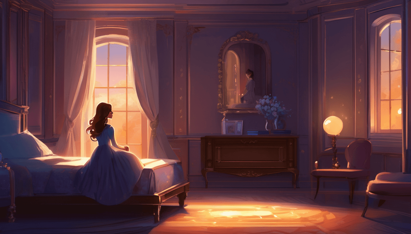 A glowing figure encourages a girl to step onto an invisible staircase in a moonlit castle bedroom.