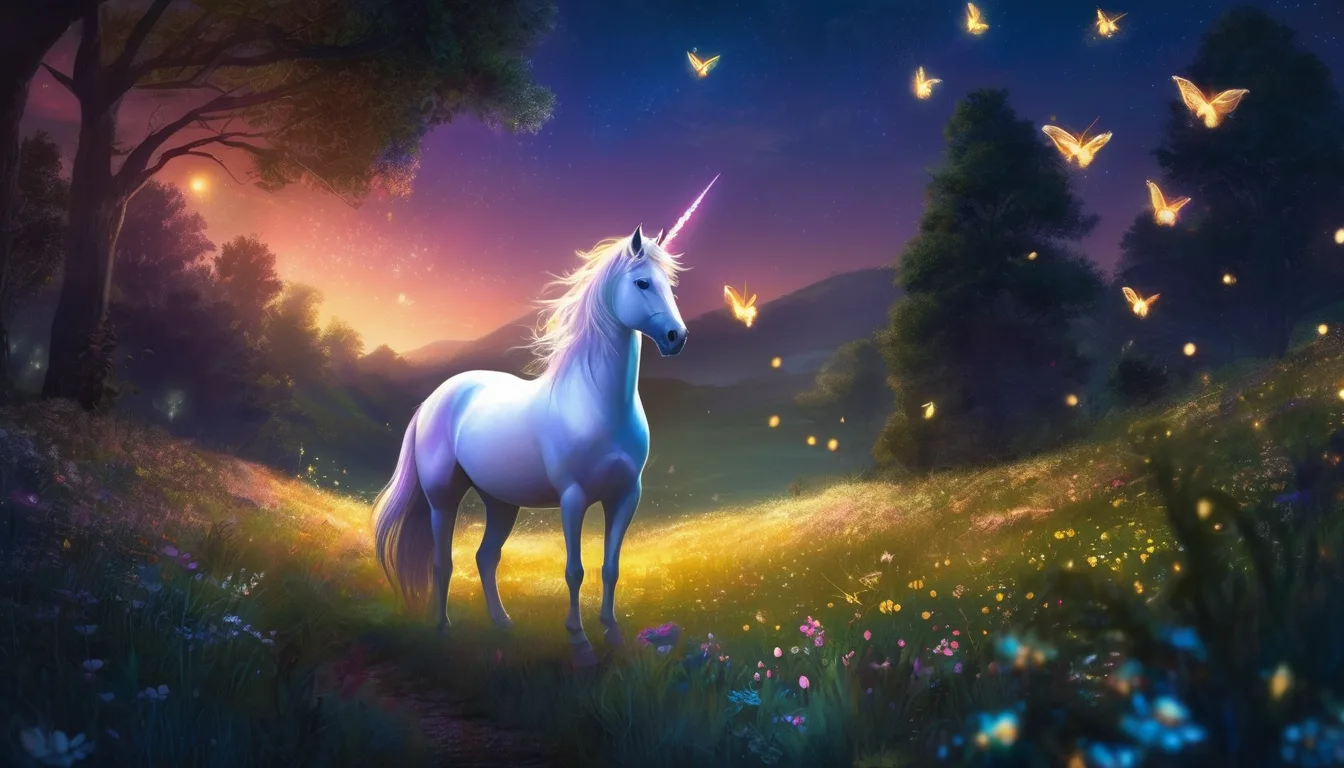 A glowing unicorn in a moonlit meadow with fireflies and enchanted animals.