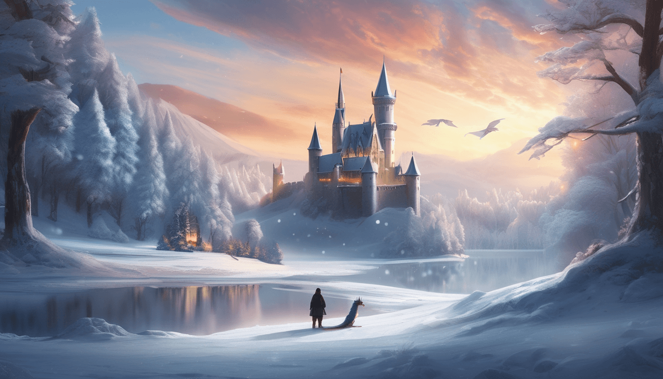 A gentle figure comforting a dragon by a snowy castle, as villagers and animals watch.