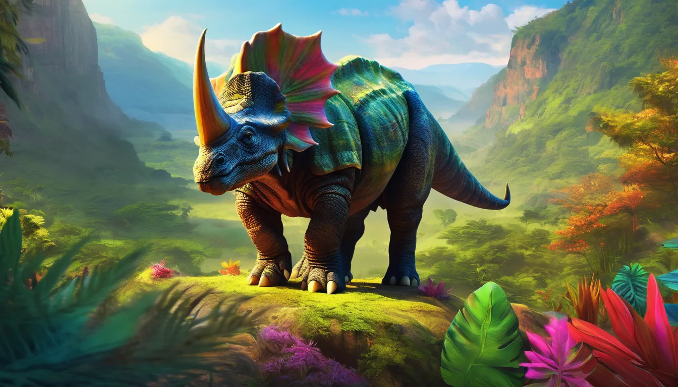 A friendly triceratops overlooks a vibrant prehistoric valley with dinosaurs and lush plants.