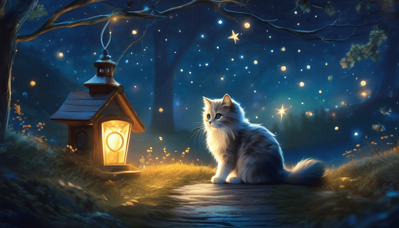 A fluffy cat and mouse follow a glowing thread through magical moonlit woods.