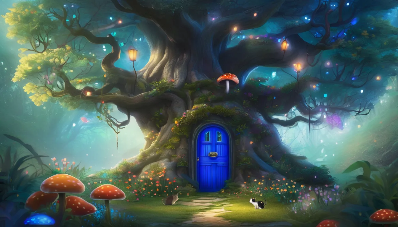 Gray cat looking at a glowing blue door under an ancient tree in a magical garden.