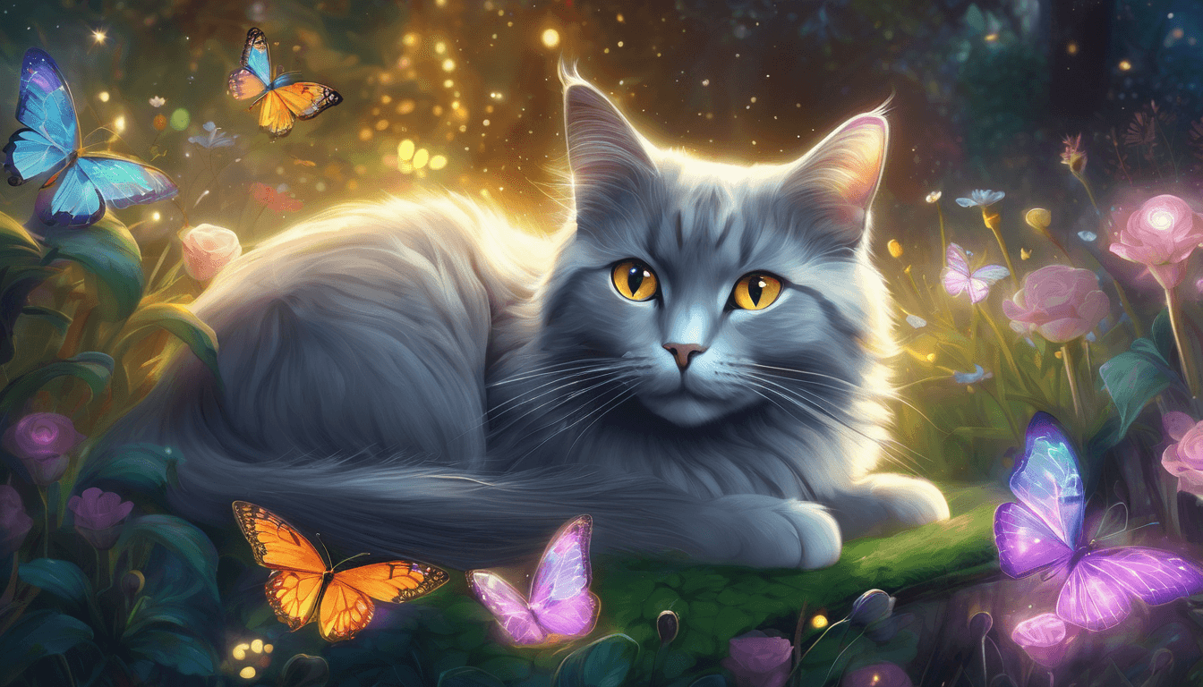 Gray cat sleeping next to glowing butterfly in a magical, colorful garden.