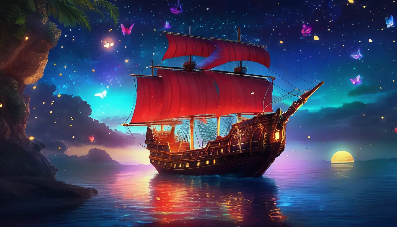Magical pirate ship with red sails gliding on a starlit sea, guided by a glowing butterfly.