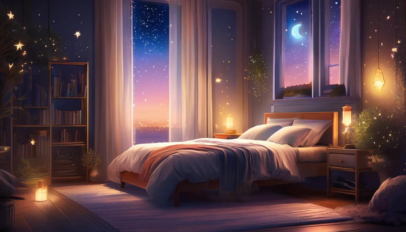 A cozy bedroom with glowing magical beings floating in soft, starlit light.