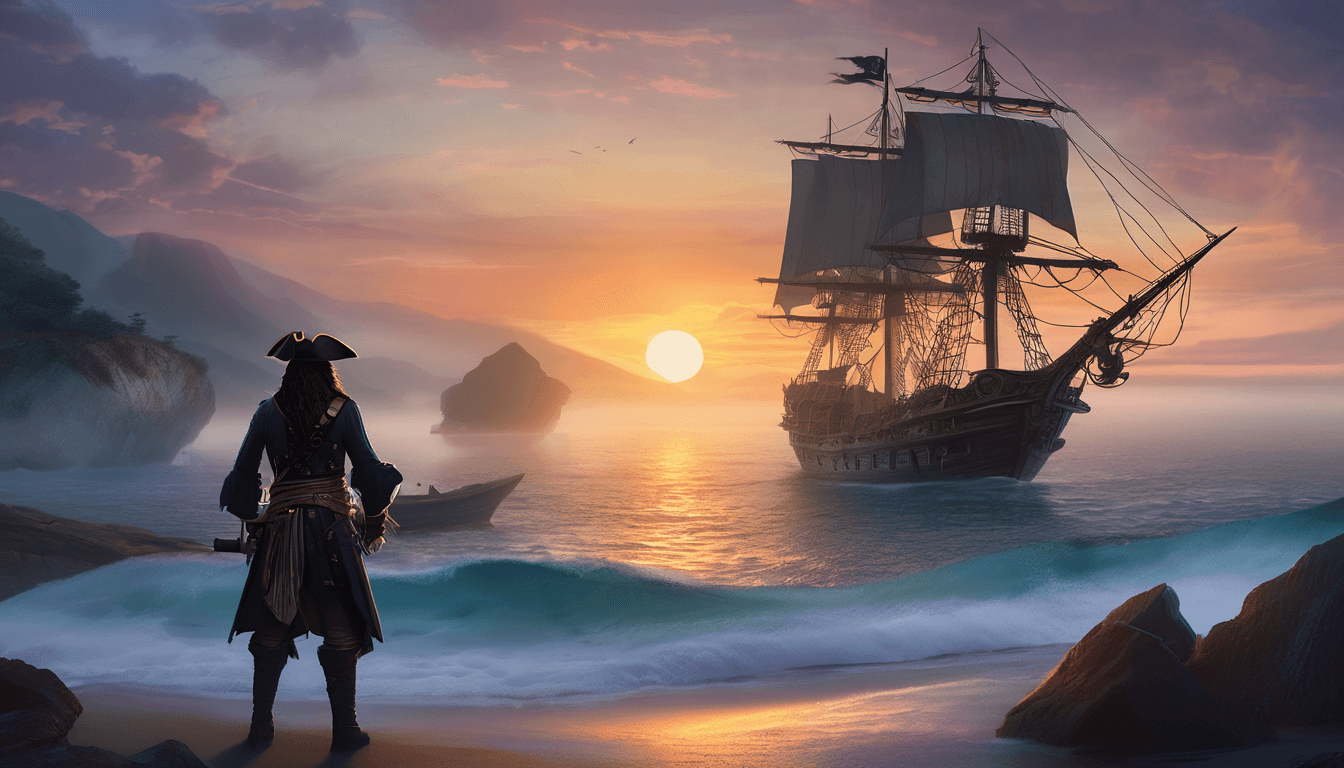 A pirate standing on a rocky shore watches a sailing ship against a vibrant sunset over the ocean.