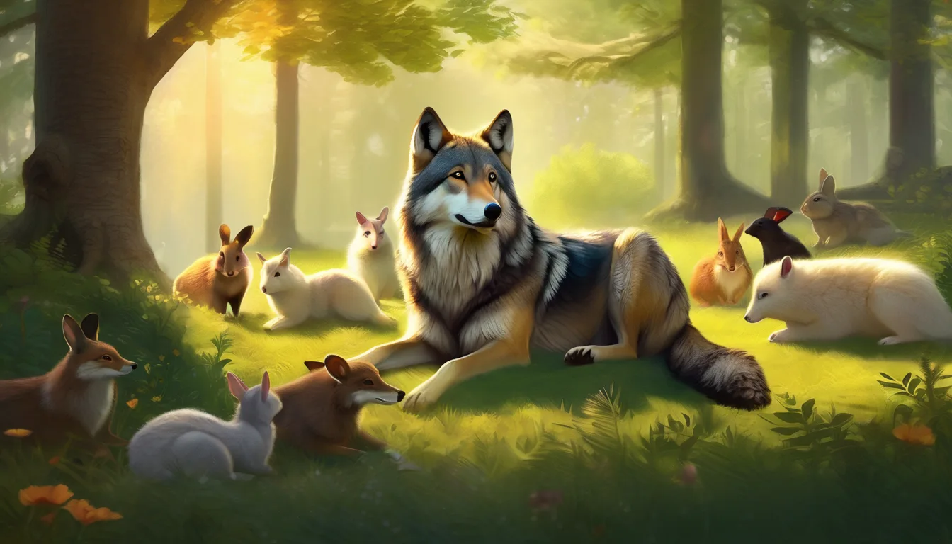 A gentle wolf sits in a sunny meadow with smiling forest animals.