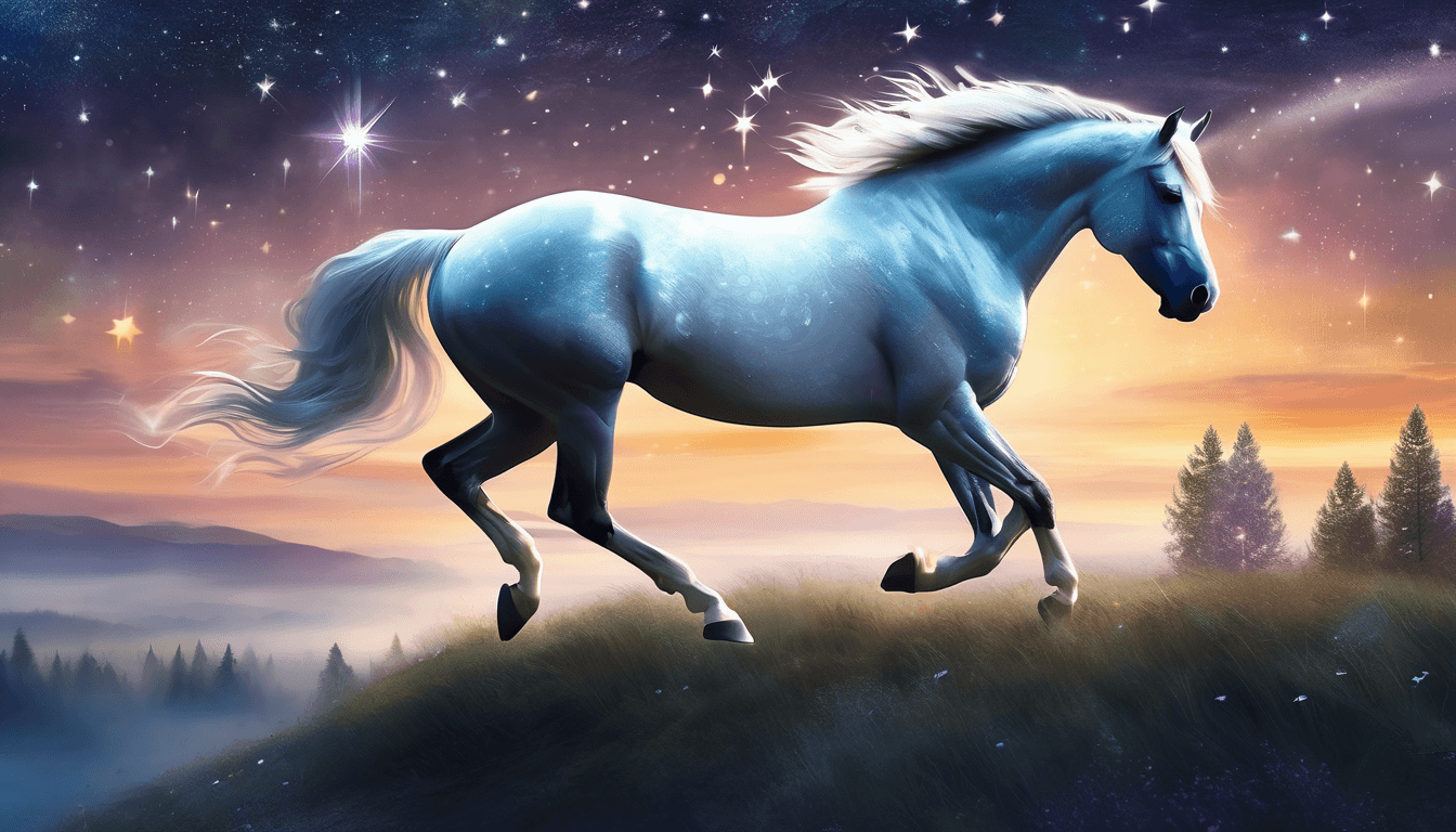 Silvery horse galloping across a starry night sky over a sleeping village.