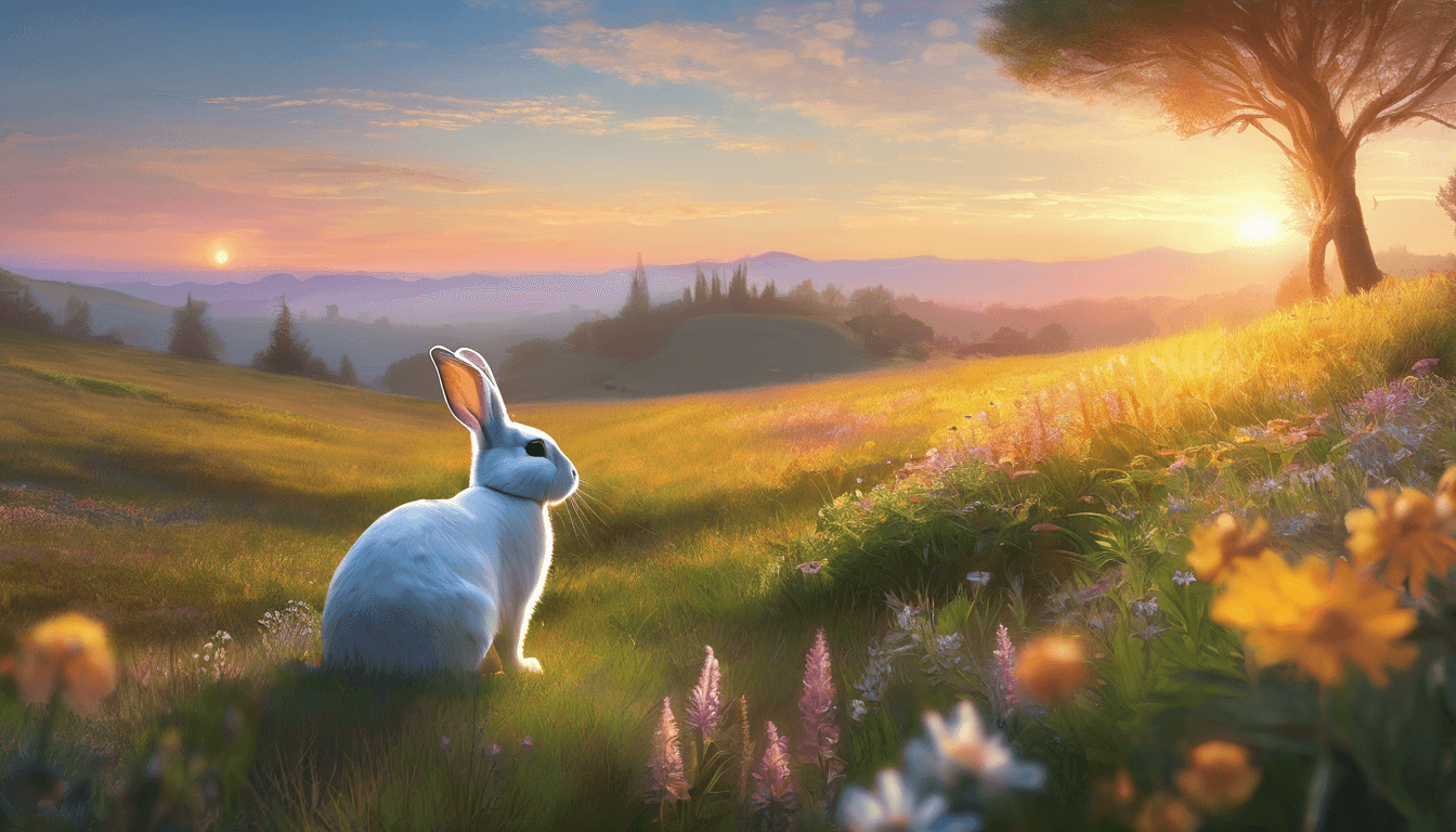 A rabbit in a sunrise meadow, surrounded by friends and glowing wildflowers.
