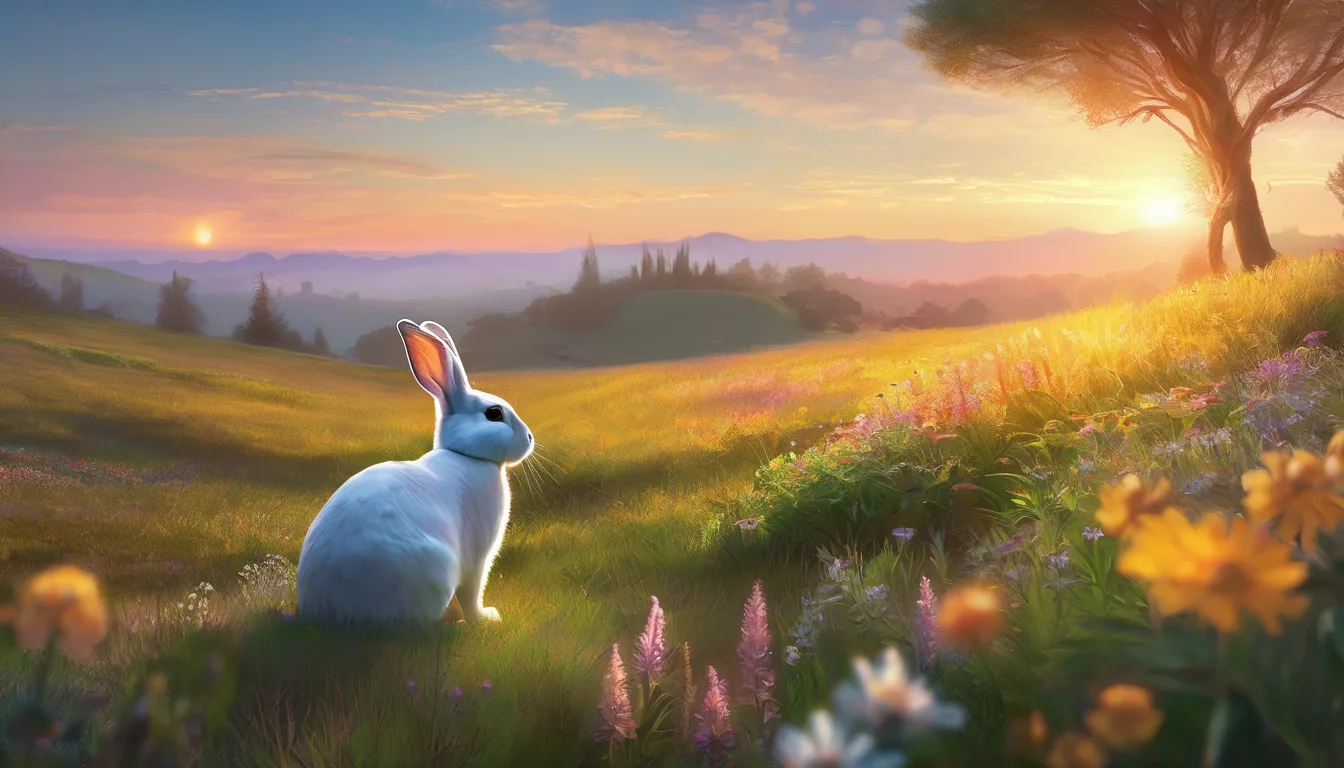 A rabbit in a sunrise meadow, surrounded by friends and glowing wildflowers.