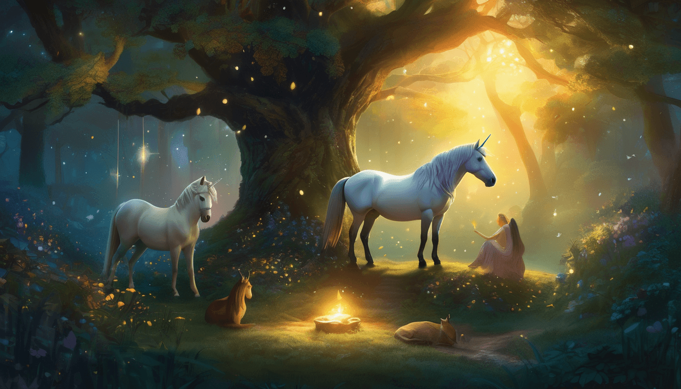 Unicorn and animals gathered by a glowing tree in a moonlit forest clearing.