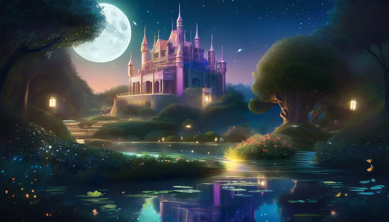 A magical castle illuminated by moonlight, surrounded by lush trees and a tranquil pond reflecting the night sky.
