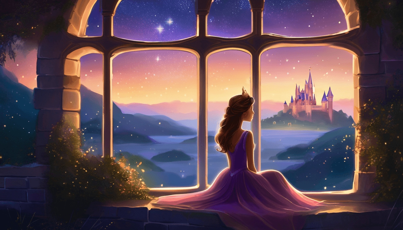 Princess by a castle window at twilight with magical glow and starry night sky.