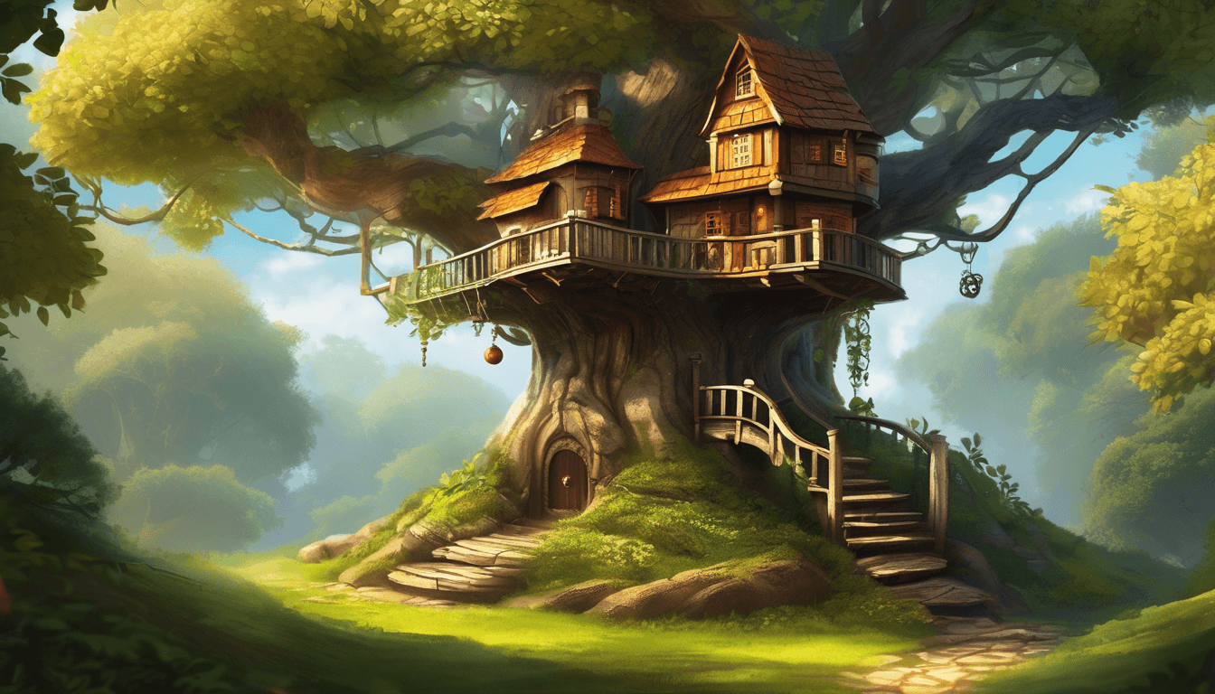 A tiny treehouse filled with clocks, holding a glowing acorn-shaped clock.