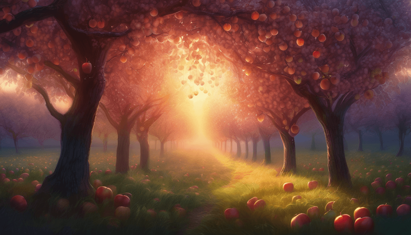 A person holding a glowing apple in a magical twilight orchard.
