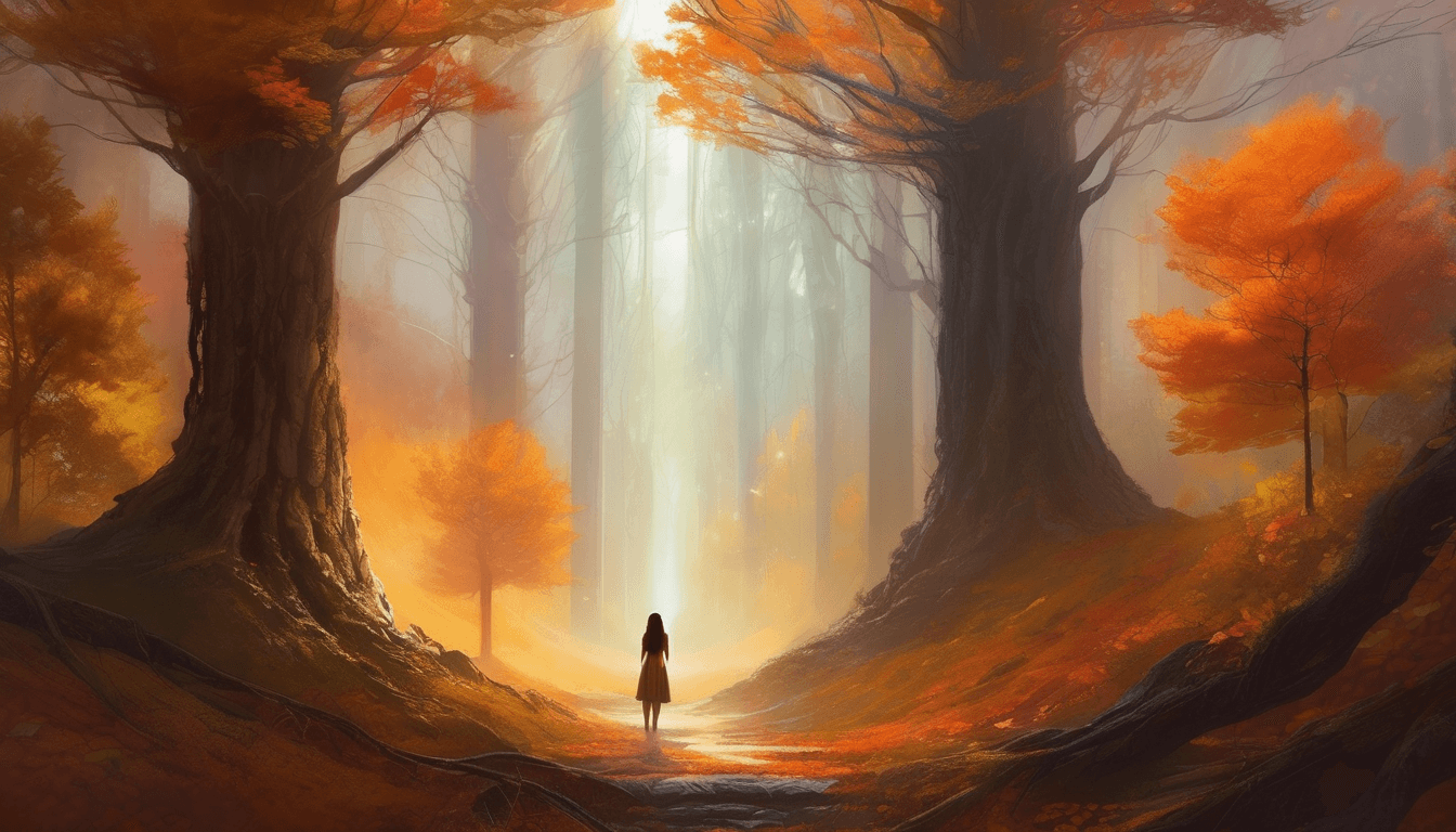 Girl under glowing autumn trees, surrounded by swirling magical musical notes.