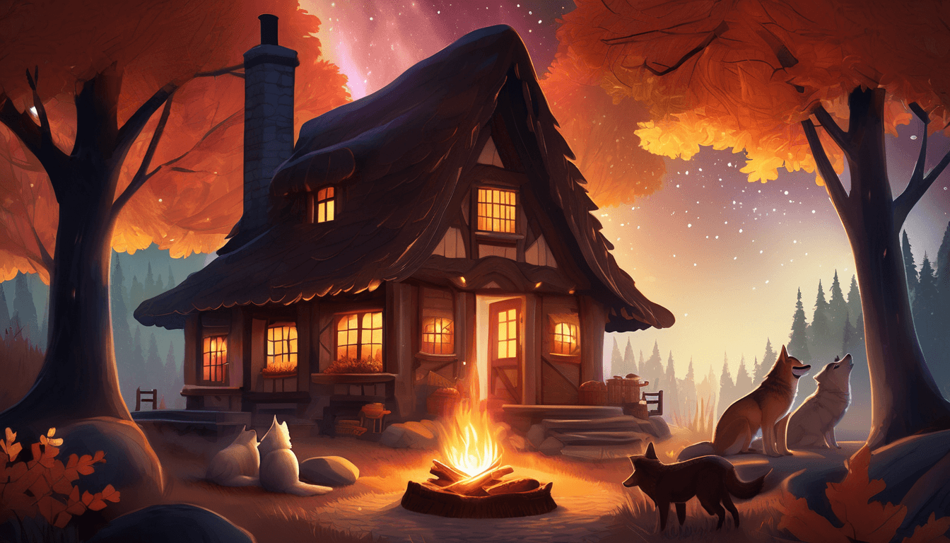 Animals around a bonfire by a cottage in an enchanted forest at night.