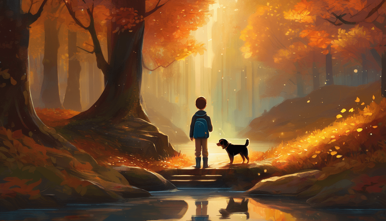 Boy and dog by a sparkling spring with a magical door and bronze key in autumn forest.