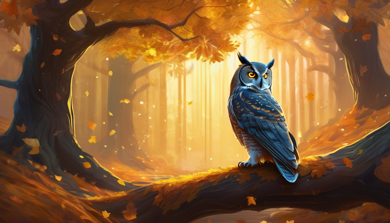 Glowing oak tree with enchanted blankets, owl, and floating golden leaves.