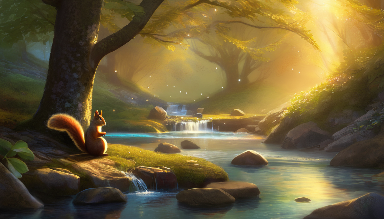A squirrel by a glowing brook with sparkling stones.