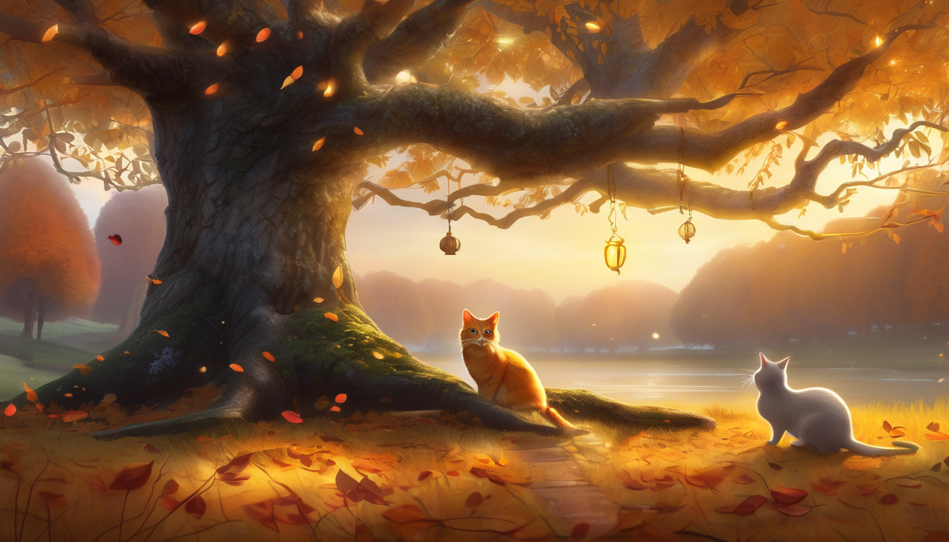 A cat with a tied shoelace under a glowing rowan tree, floating pages, and playful mice.