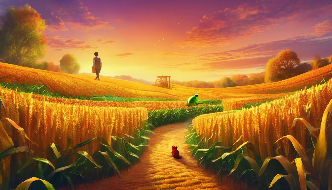 A boy meets a talking frog and a dancing figure in a glowing autumn corn maze.