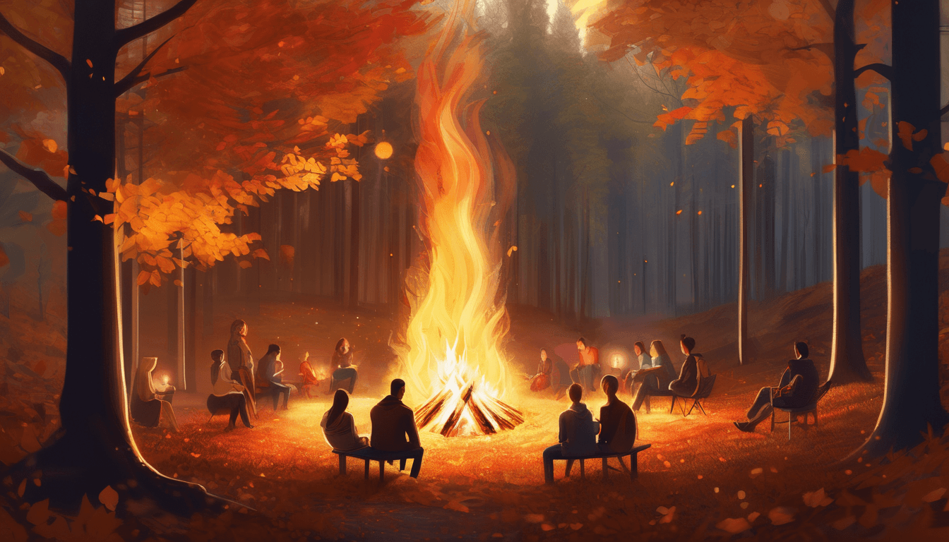 A figure sharing stories by an autumn bonfire, glowing trees and forest behind.