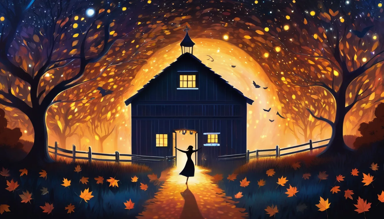 A glowing barn with shadow creatures dancing, a figure in a blue ribbon, and autumn night sky.