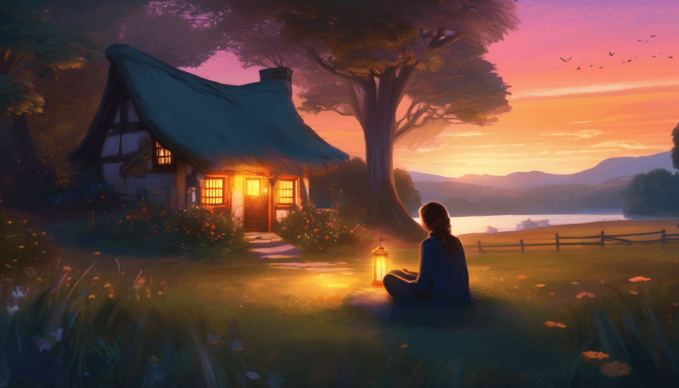 A person sitting by a cottage at sunset, surrounded by glowing spirits under a twilight sky.