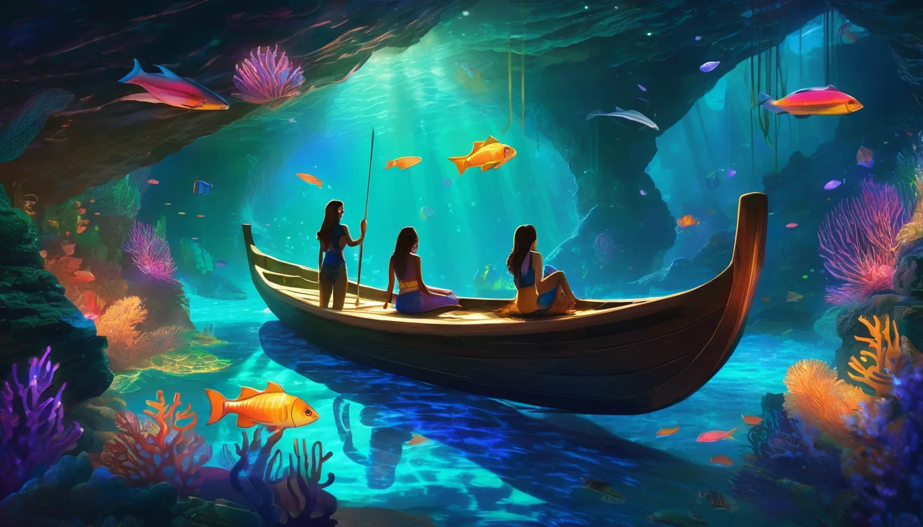 Friends on a wooden raft in a glowing underwater cave with bioluminescent fish and magical sea creatures.