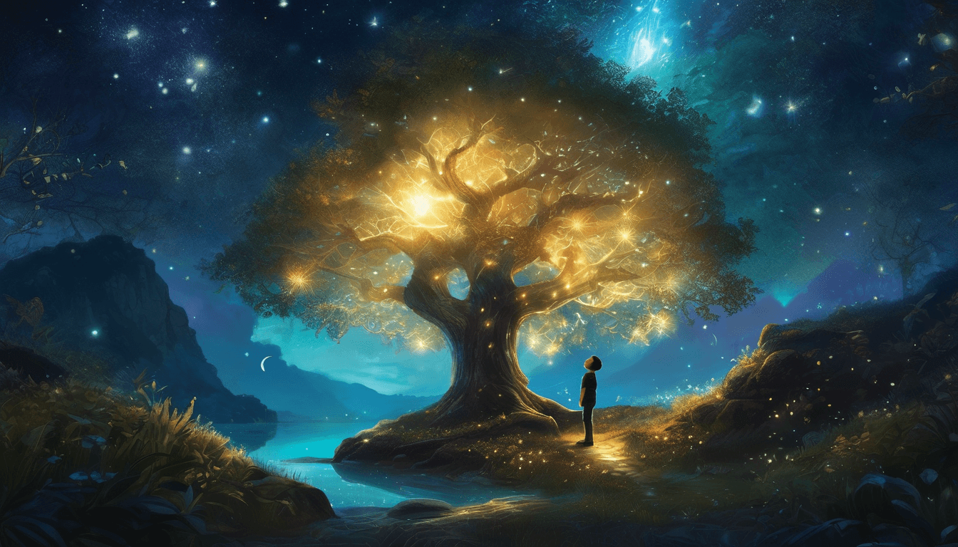 A boy placing a glowing crystal in a radiant tree, surrounded by magical creatures at night.