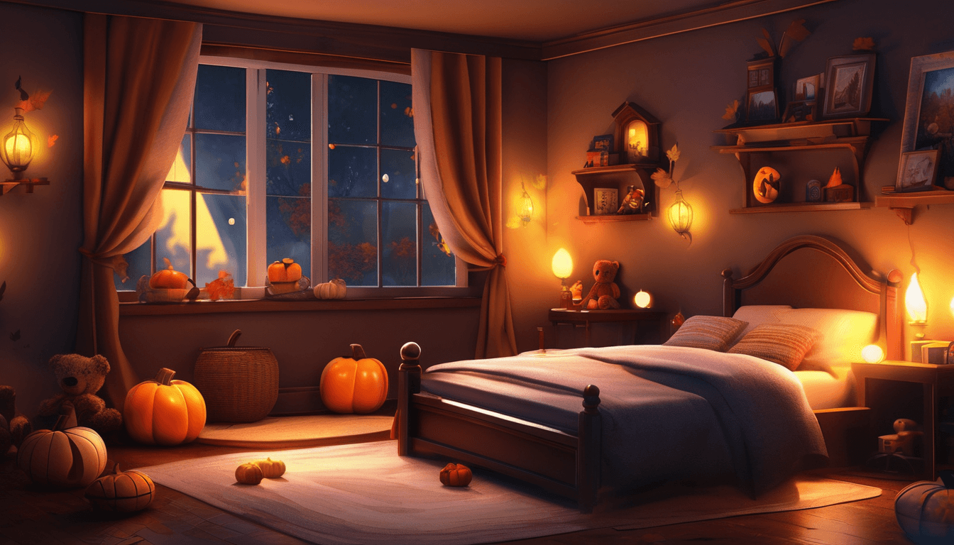 Animated toys sharing stories in a moonlit bedroom with autumn leaves swirling outside the window.