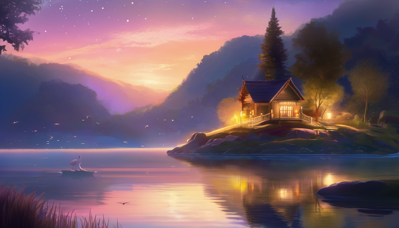 Glowing story-rock by a twilight lake with animal reflections and magical scenery.