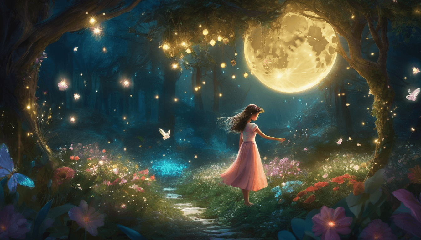 A glowing girl with fairies dancing around her in a moonlit, magical garden.