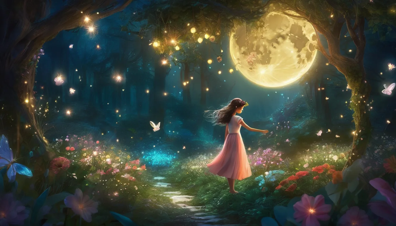 A glowing girl with fairies dancing around her in a moonlit, magical garden.