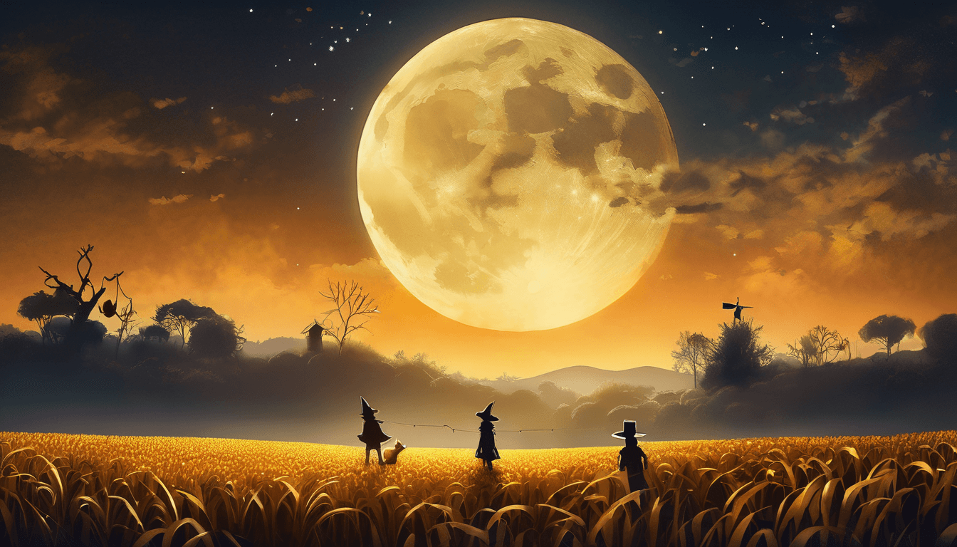 Two kids in a moonlit cornfield with scarecrows, a glowing fox, floating feathers, and a mouse.