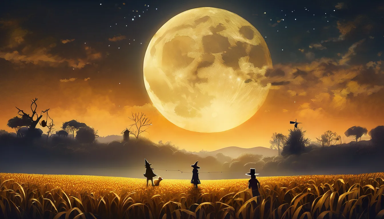 Two kids in a moonlit cornfield with scarecrows, a glowing fox, floating feathers, and a mouse.