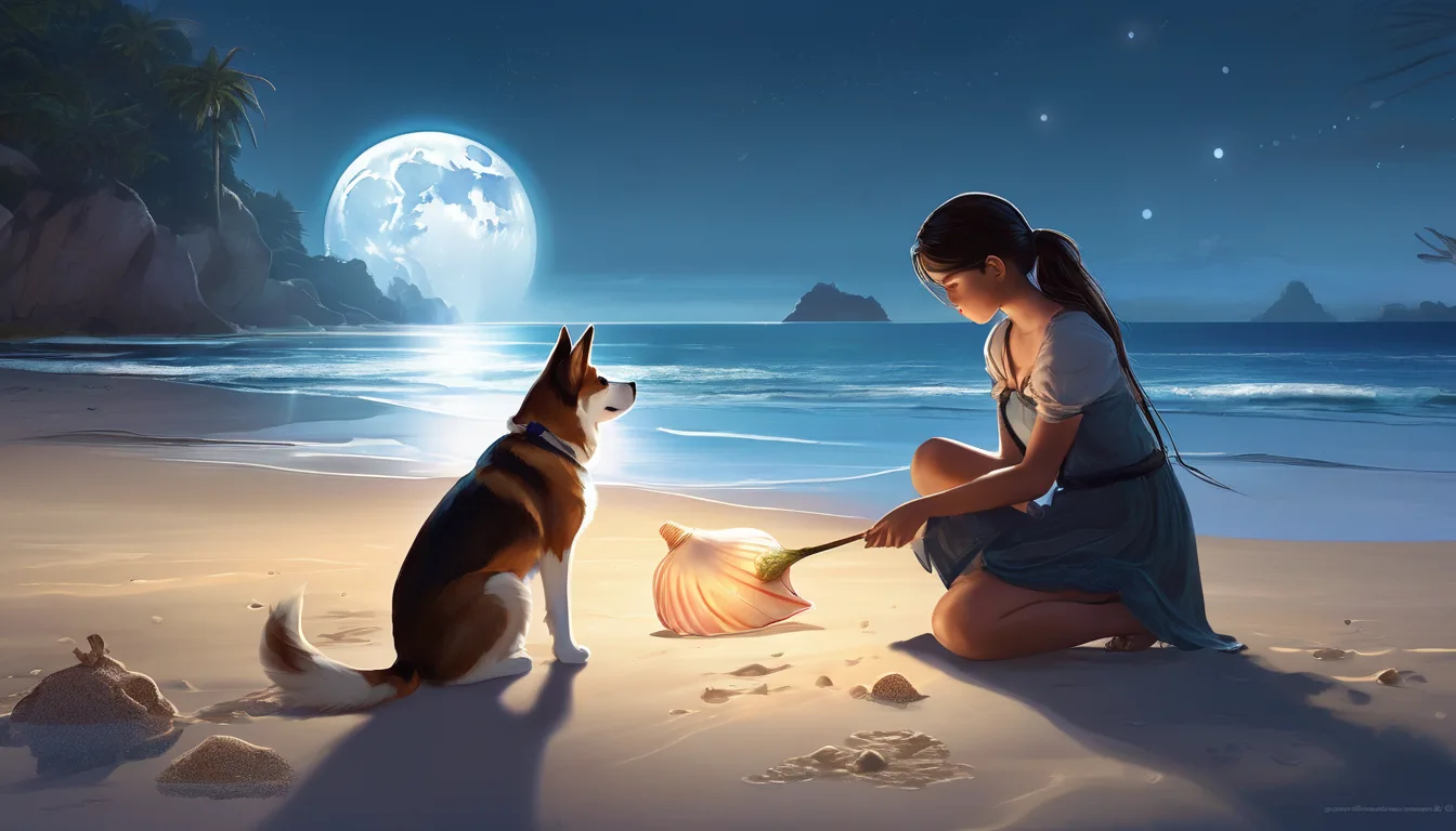 Girl kneeling on moonlit beach with glowing conch, dog, and distant island.